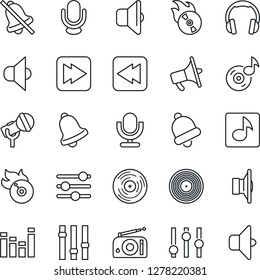 Thin Line Icon Set - vinyl vector, flame disk, microphone, radio, speaker, loudspeaker, settings, equalizer, headphones, fast forward, rewind, tuning, bell, mute, music, sound