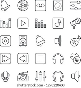 Thin Line Icon Set - vinyl vector, flame disk, microphone, radio, speaker, equalizer, headphones, play button, stop, fast forward, rewind, rec, tuning, bell, record, music, sound