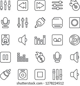 Thin Line Icon Set - vinyl vector, flame disk, speaker, settings, equalizer, microphone, pause button, stop, fast forward, rewind, rca, hdmi, tuning, record, sound