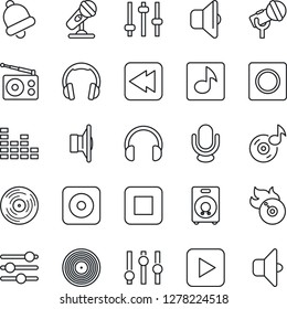 Thin Line Icon Set - vinyl vector, flame disk, microphone, radio, speaker, settings, equalizer, headphones, play button, stop, rewind, rec, tuning, bell, record, music, sound