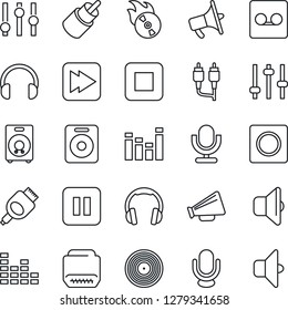 Thin Line Icon Set - vinyl vector, flame disk, loudspeaker, settings, equalizer, microphone, headphones, speaker, pause button, stop, fast forward, rca, hdmi, tuning, record, sound