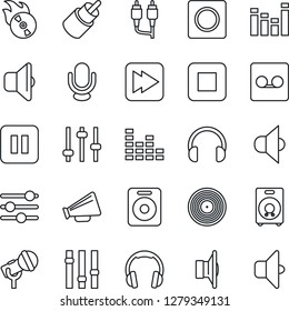 Thin Line Icon Set - vinyl vector, flame disk, microphone, speaker, loudspeaker, settings, equalizer, headphones, pause button, stop, fast forward, rca, tuning, record, sound