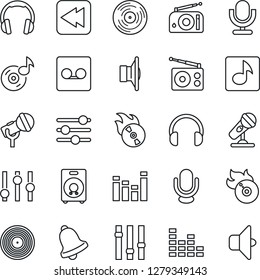 Thin Line Icon Set - vinyl vector, flame disk, microphone, radio, speaker, settings, equalizer, headphones, rewind, tuning, bell, record, music, sound