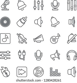 Thin Line Icon Set - vinyl vector, flame disk, microphone, speaker, loudspeaker, settings, equalizer, headphones, fast forward, rca, tuning, bell, mute, music, sound