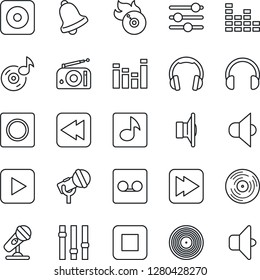Thin Line Icon Set - vinyl vector, flame disk, microphone, radio, speaker, settings, equalizer, headphones, play button, stop, fast forward, rewind, rec, tuning, bell, record, music, sound