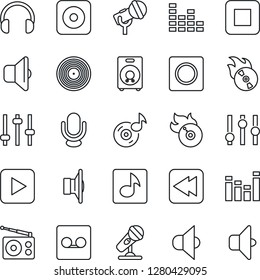 Thin Line Icon Set - vinyl vector, flame disk, microphone, radio, speaker, settings, equalizer, headphones, play button, stop, rewind, rec, tuning, record, music, sound