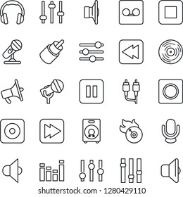 Thin Line Icon Set - vinyl vector, flame disk, microphone, speaker, loudspeaker, settings, equalizer, headphones, pause button, stop, fast forward, rewind, rec, rca, tuning, record, sound