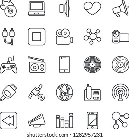 Thin Line Icon Set - vinyl vector, flame disk, radio, antenna, satellite, speaker, loudspeaker, gamepad, equalizer, video camera, network, cell phone, laptop pc, share, heart, stop button, rewind