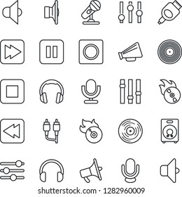 Thin Line Icon Set - vinyl vector, flame disk, microphone, speaker, loudspeaker, settings, headphones, pause button, stop, fast forward, rewind, rca, hdmi, tuning, record, sound