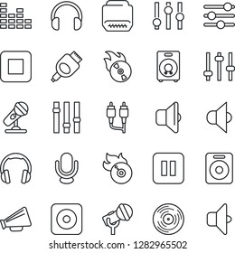 Thin Line Icon Set - vinyl vector, flame disk, microphone, speaker, loudspeaker, settings, equalizer, headphones, pause button, stop, rec, rca, hdmi, tuning, sound