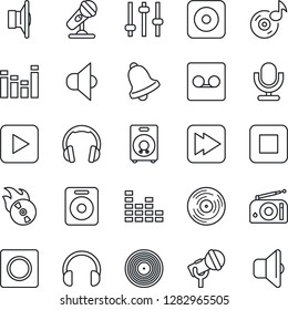 Thin Line Icon Set - vinyl vector, flame disk, microphone, radio, speaker, equalizer, headphones, play button, stop, fast forward, rec, tuning, bell, record, music, sound