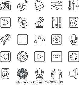 Thin Line Icon Set - vinyl vector, flame disk, microphone, radio, settings, headphones, speaker, play button, stop, fast forward, rewind, rec, tuning, bell, record, music, sound