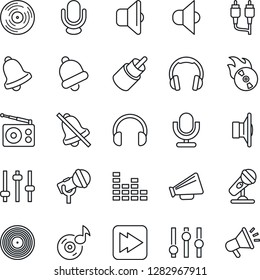 Thin Line Icon Set - vinyl vector, flame disk, microphone, radio, speaker, loudspeaker, settings, equalizer, headphones, fast forward, rca, tuning, bell, mute, music, sound, advertising