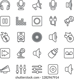 Thin Line Icon Set - vinyl vector, flame disk, microphone, speaker, loudspeaker, settings, equalizer, headphones, pause button, fast forward, rec, rca, tuning, record, sound