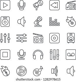 Thin Line Icon Set - vinyl vector, flame disk, microphone, radio, speaker, settings, equalizer, headphones, play button, stop, rewind, rec, tuning, record, music, sound