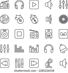 Thin Line Icon Set - vinyl vector, flame disk, microphone, radio, speaker, settings, equalizer, headphones, play button, stop, fast forward, rewind, tuning, bell, record, sound