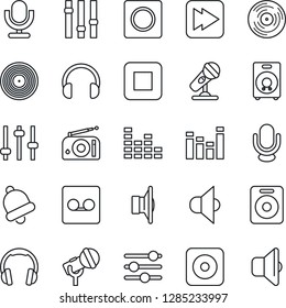 Thin Line Icon Set - vinyl vector, microphone, radio, speaker, settings, equalizer, headphones, stop button, fast forward, rec, tuning, bell, record, sound