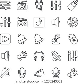Thin Line Icon Set - vinyl vector, flame disk, microphone, radio, loudspeaker, settings, headphones, fast forward, rca, tuning, bell, mute, music, sound, advertising