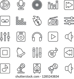 Thin Line Icon Set - vinyl vector, flame disk, microphone, radio, speaker, settings, equalizer, headphones, play button, stop, fast forward, rewind, tuning, bell, record, music, sound