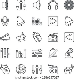 Thin Line Icon Set - vinyl vector, flame disk, microphone, radio, speaker, loudspeaker, settings, equalizer, headphones, fast forward, rewind, tuning, bell, mute, music