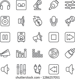 Thin Line Icon Set - vinyl vector, flame disk, microphone, speaker, loudspeaker, settings, equalizer, headphones, pause button, stop, fast forward, rewind, rca, hdmi, tuning, record, sound