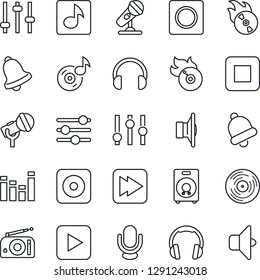 Thin Line Icon Set - vinyl vector, flame disk, microphone, radio, speaker, settings, equalizer, headphones, play button, stop, fast forward, rec, tuning, bell, record, music, sound