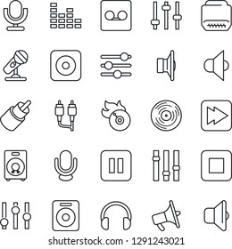 Thin Line Icon Set - vinyl vector, flame disk, microphone, speaker, loudspeaker, settings, equalizer, headphones, pause button, stop, fast forward, rec, rca, hdmi, tuning, record, sound
