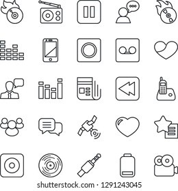 Thin Line Icon Set - vinyl vector, flame disk, radio, satellite, news, equalizer, cell phone, dialog, speaker, group, favorites list, heart, low battery, pause button, rewind, rec, jack connector