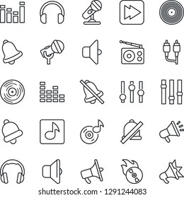 Thin Line Icon Set - vinyl vector, flame disk, microphone, radio, loudspeaker, settings, equalizer, headphones, fast forward, rca, bell, mute, music, sound, advertising