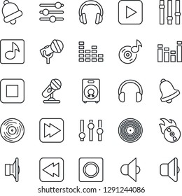 Thin Line Icon Set - vinyl vector, flame disk, microphone, speaker, settings, equalizer, headphones, play button, stop, fast forward, rewind, tuning, bell, record, music, sound