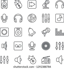 Thin Line Icon Set - vinyl vector, flame disk, microphone, radio, speaker, settings, equalizer, headphones, fast forward, tuning, bell, record, music, sound