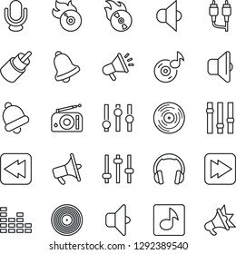 Thin Line Icon Set - vinyl vector, flame disk, radio, speaker, loudspeaker, settings, equalizer, microphone, headphones, fast forward, rewind, rca, tuning, bell, music, sound, advertising