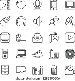 Thin Line Icon Set - vinyl vector, archive chest, camera, satellite, speaker, loudspeaker, equalizer, video, microphone, remote control, cell phone, headphones, laptop pc, radio, finger down, heart