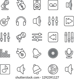 Thin Line Icon Set - vinyl vector, flame disk, microphone, speaker, settings, equalizer, headphones, fast forward, rewind, tuning, bell, record, music, sound