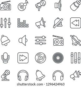 Thin Line Icon Set - vinyl vector, microphone, radio, speaker, loudspeaker, settings, equalizer, headphones, fast forward, rewind, rca, tuning, bell, mute, music, advertising