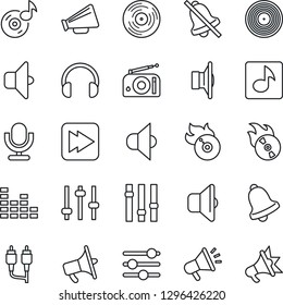 Thin Line Icon Set - vinyl vector, flame disk, radio, speaker, loudspeaker, settings, equalizer, microphone, headphones, fast forward, rca, tuning, bell, mute, music, sound, advertising