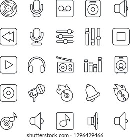 Thin Line Icon Set - vinyl vector, flame disk, microphone, radio, speaker, settings, equalizer, headphones, play button, stop, rewind, rec, tuning, bell, record, music, sound