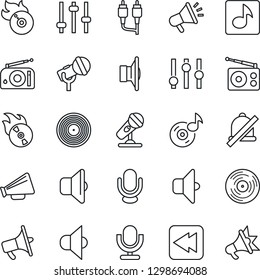Thin Line Icon Set - vinyl vector, flame disk, microphone, radio, speaker, loudspeaker, settings, rewind, rca, tuning, mute, music, sound, advertising
