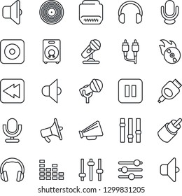 Thin Line Icon Set - vinyl vector, flame disk, microphone, speaker, loudspeaker, settings, equalizer, headphones, pause button, rewind, rec, rca, hdmi, tuning, sound