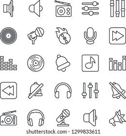 Thin Line Icon Set - vinyl vector, flame disk, microphone, radio, speaker, settings, equalizer, headphones, fast forward, rewind, tuning, bell, mute, music, sound, advertising