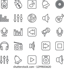 Thin Line Icon Set - vinyl vector, flame disk, microphone, radio, speaker, settings, equalizer, headphones, play button, stop, fast forward, rewind, tuning, bell, music, sound