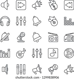 Thin Line Icon Set - vinyl vector, flame disk, microphone, radio, speaker, loudspeaker, settings, equalizer, headphones, fast forward, rewind, tuning, bell, mute, music, advertising