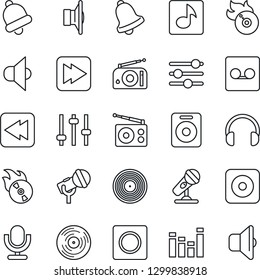Thin Line Icon Set - vinyl vector, flame disk, microphone, radio, speaker, equalizer, headphones, fast forward, rewind, rec button, tuning, bell, record, music, sound
