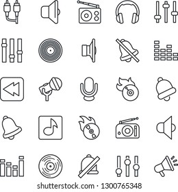Thin Line Icon Set - vinyl vector, flame disk, microphone, radio, speaker, settings, equalizer, headphones, rewind, rca, tuning, bell, mute, music, sound, advertising