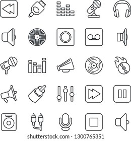 Thin Line Icon Set - vinyl vector, flame disk, microphone, speaker, loudspeaker, settings, equalizer, headphones, pause button, stop, fast forward, rewind, rca, hdmi, record, sound