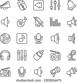 Thin Line Icon Set - vinyl vector, flame disk, microphone, radio, speaker, loudspeaker, settings, equalizer, headphones, rewind, rca, tuning, bell, mute, music, sound, advertising