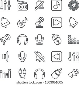Thin Line Icon Set - vinyl vector, flame disk, microphone, radio, speaker, settings, equalizer, headphones, fast forward, rewind, rca, tuning, bell, mute, music, advertising