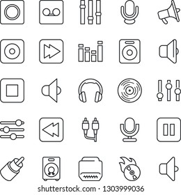 Thin Line Icon Set - vinyl vector, flame disk, speaker, loudspeaker, settings, equalizer, microphone, headphones, pause button, stop, fast forward, rewind, rec, rca, hdmi, tuning, record, sound