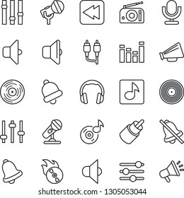Thin Line Icon Set - vinyl vector, flame disk, microphone, radio, speaker, loudspeaker, settings, equalizer, headphones, rewind, rca, tuning, bell, mute, music, sound, advertising