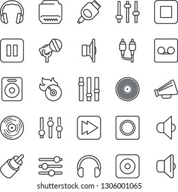 Thin Line Icon Set - vinyl vector, flame disk, microphone, speaker, loudspeaker, settings, headphones, pause button, stop, fast forward, rec, rca, hdmi, tuning, record, sound